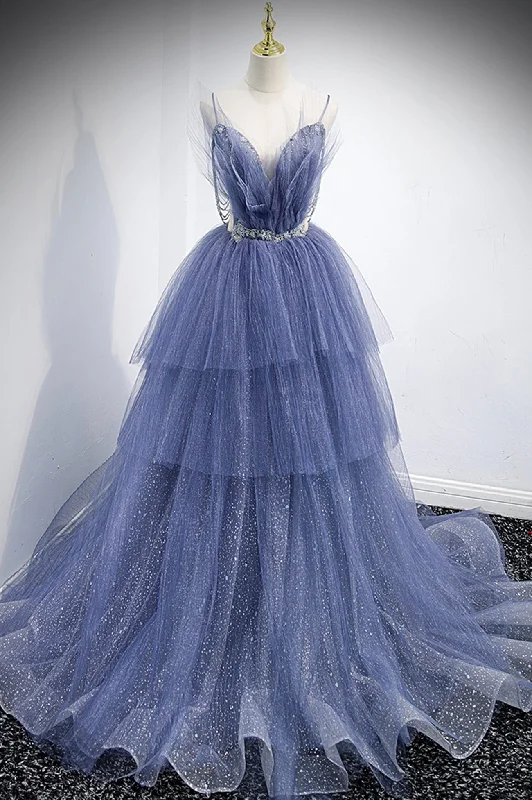 Blue Tulle Layers Long Prom Dress, A-Line Spaghetti Strap Party Dress Mermaid Tail Wedding