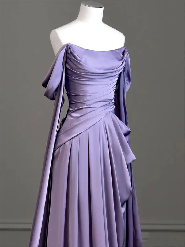 Elegant Purple Satin Prom Dress, Draped Bodice Formal Party Dress Turtleneck Neckline Stylish
