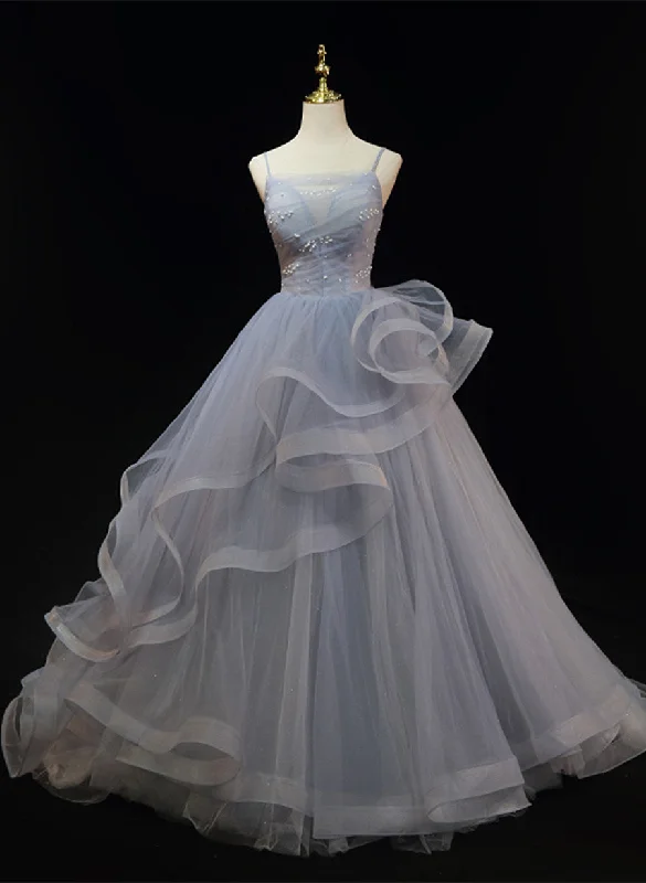 Grey Tulle Straps Layers Long Prom Dress Party Dress, Grey Ball Gown Formal Dress Tunics Bridal satin
