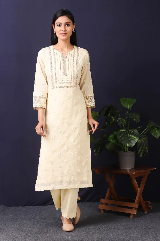50Z429-RO Mulmul Cotton Kurta in Cream Color With Cotton Stretch Pant Comfortable Maternity Pants