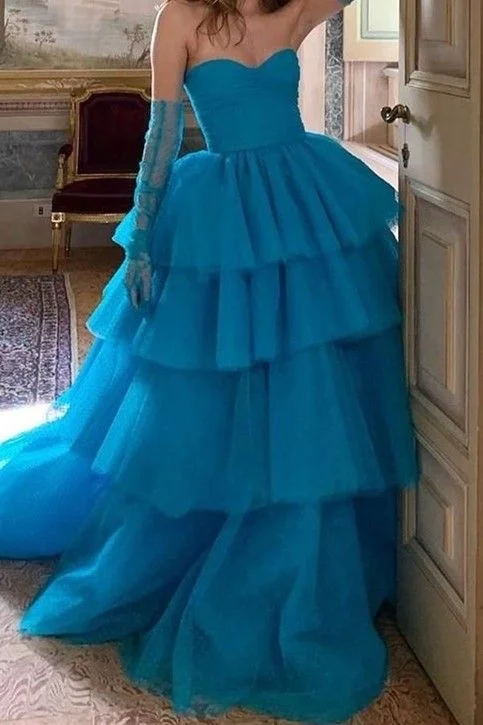 Blue Dots Layers Prom Dresses with Ruching Strapless Long Party Dress,DP461 Tunics Gym athletic