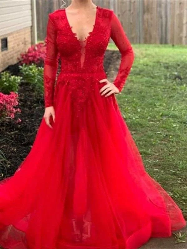V-Neck Floor-Length Appliques Long Sleeves Wedding Party Dress,DS3756 Tunics Polka dots