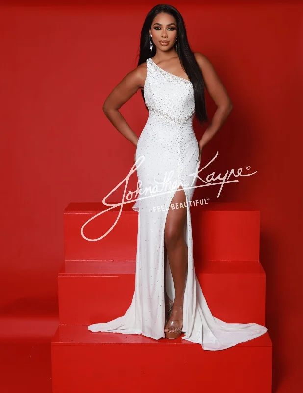 Johnathan Kayne 2963 Size 00 White Velvet One Shoulder Pageant Dress Cape Cutout Back Slit Formal Gown Tunics Sophisticated sleek
