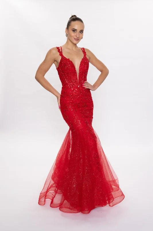 Nina Canacci 7600 Prom Dress Mermaid Lace Plunging V Neckline Corset Lace Straps Tunics Leisure comfortable