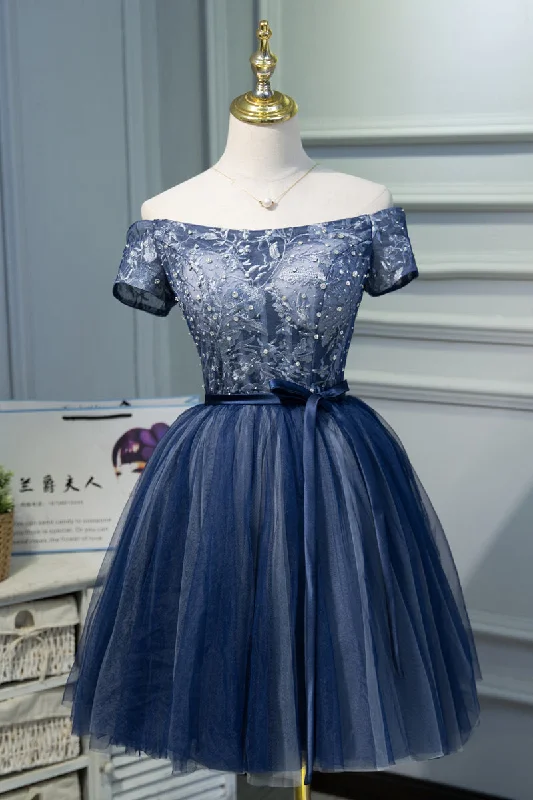 Off the Shoulder Short Sleeves Navy Blue Tutu Party Dress Tunics Short Trendy