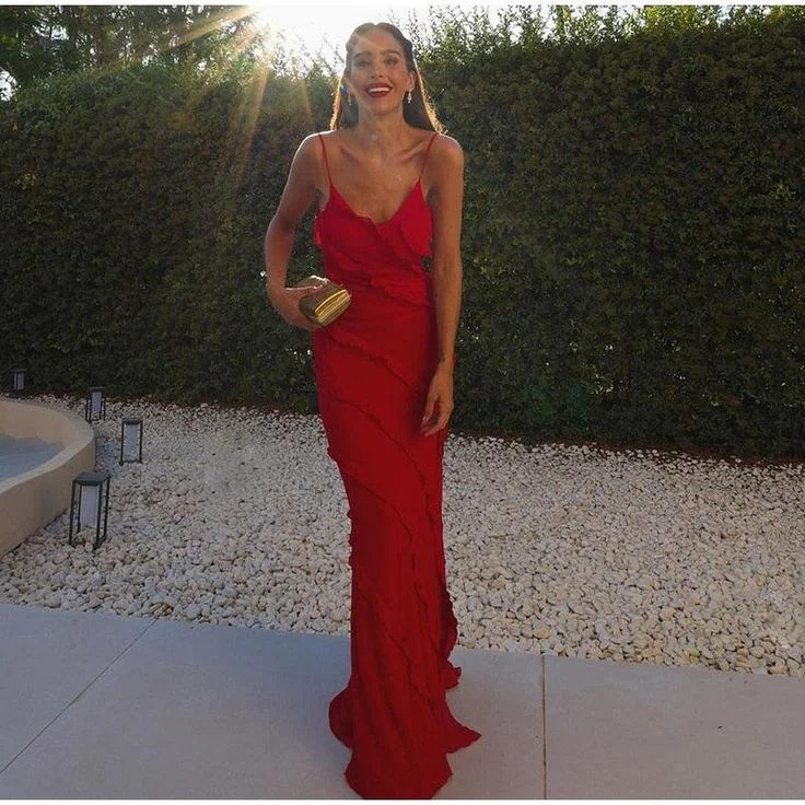 Red Maxi Prom Dress With Frill Detail Backless Party Dress,DP0269 Tunics Sale discount