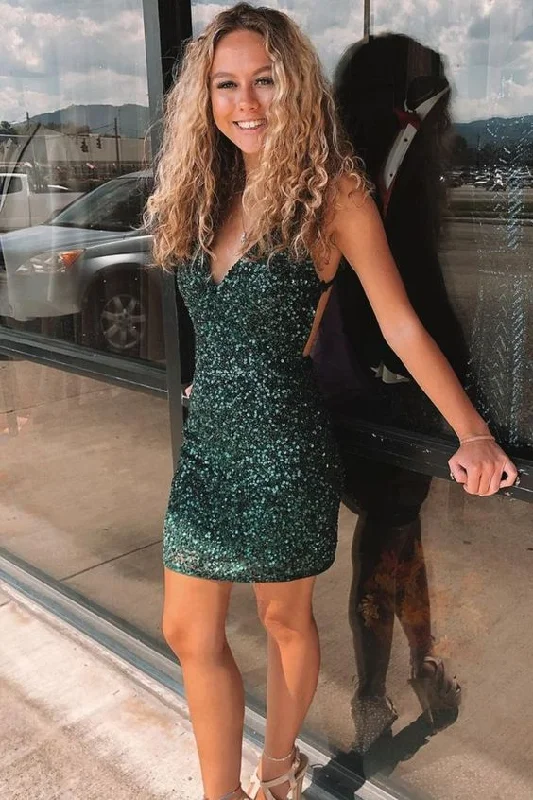tight dark green sequins mini homecoming dress party dress     cg24487 Tunics Stylish modern