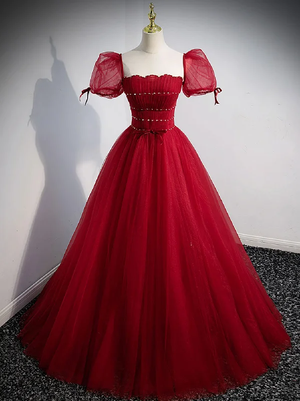 Wine Red Tulle A-line Beaded Long Prom Dress, Wine Red Formal Dress Party Dress Tunics Party sparkling