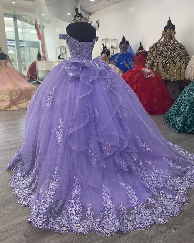 Lilac Corset Mexican Quinceanera Dress Ball Gown Appliques Lace Birthday Party Dress,DP695 Tunics Fashionable trendy