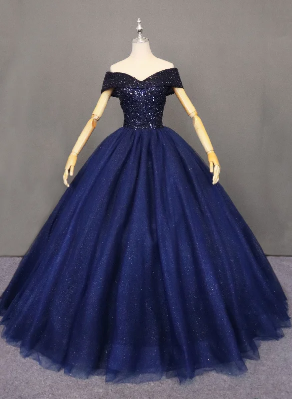 Navy Blue Tulle Beaded Ball Gown Sweet 16 Dress, Blue Tulle Prom Dress Party Dress Tunics Polka dots