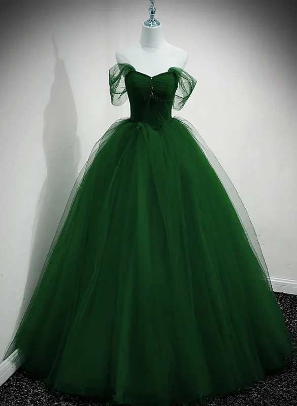 Green Beaded Tulle Off Shoulder Long Party Dress, Green Tulle A-line Prom Dress Tunics Short Trendy