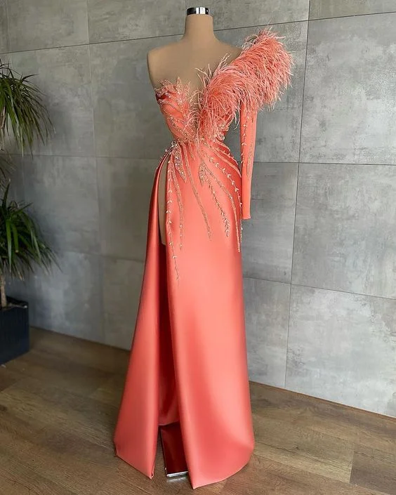 One Shoulder Prom Dresses, Robe De Soiree De Femme, Beaded Prom Dresses, Feather Prom Dresses, Custom Make Evening Dresses, Formal Party Dresses,DS5126 Pencil Length Work