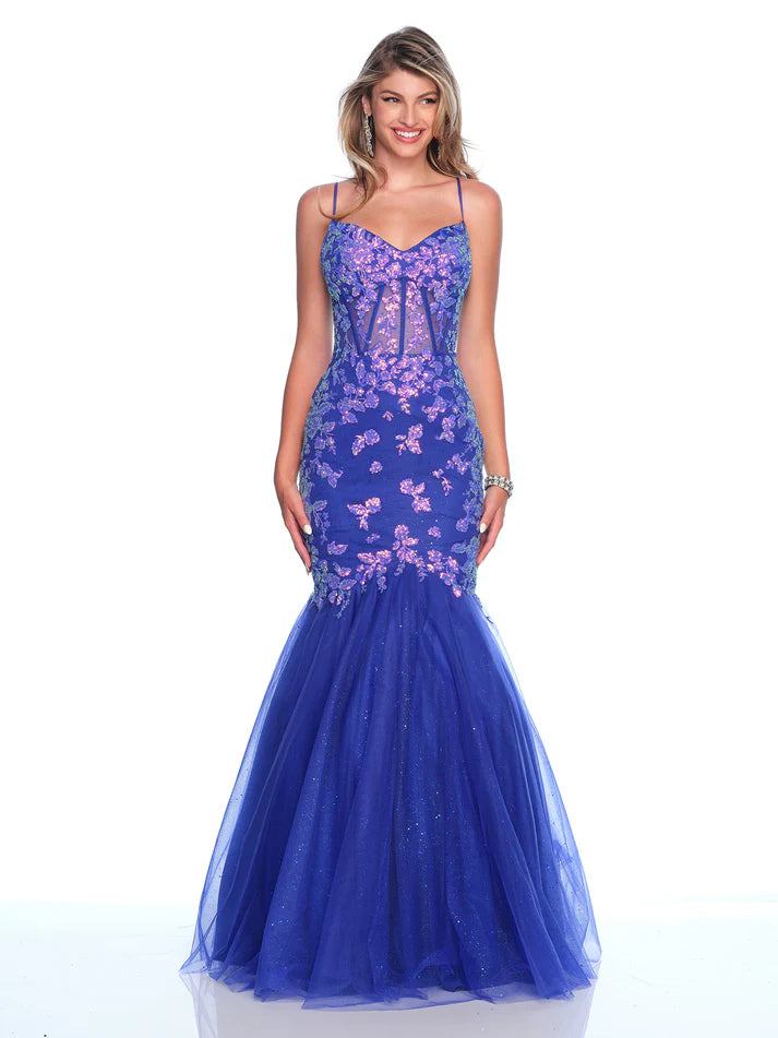 Dave & Johnny 12134 Sheer Sequin Corset Mermaid Prom Dress Shimmer Tulle Pageant Gown Boat Neckline Classic