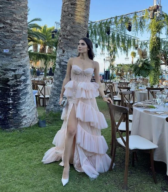 Light Pink Spaghetti Straps Tulle Ruffles Prom Dress Party Dress with Slit,DP351 Tunics Fall fleece