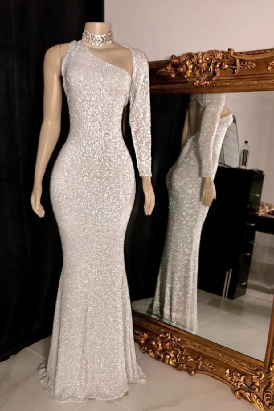 One Shoulder Long Sleevess Silver Party Dress Sequins Mermaid Prom Dress C2002 Tunics Hiking breathable