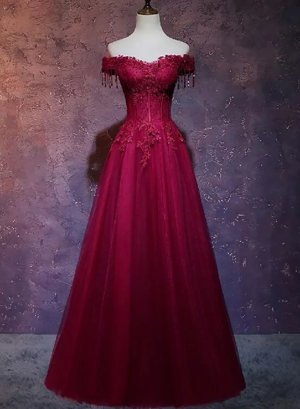 Wine Red Tulle Sweetheart Long Prom Dress, A-line Party Dress Tunics Corduroy durable