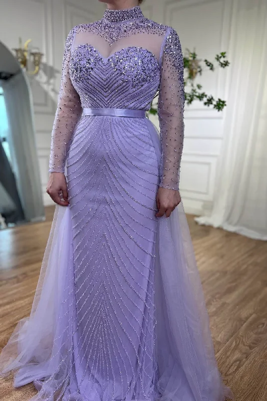 Lilac Elegant Beading Long Sleeves High Neck Tulle Formal Party Dress,DP995 Tunics Top Casual