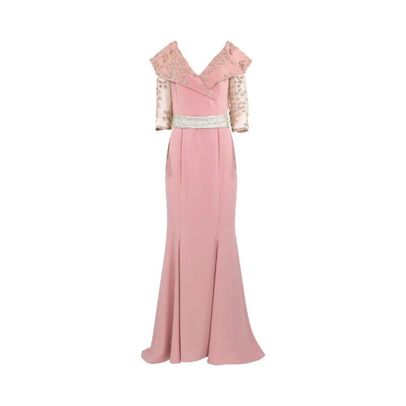 Mischalis Atelier Women's Pink Long Dress Boatneck Modish Everyday