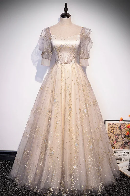 Champagne Tulle Sequins Long Prom Dress, Cute 1/2 Sleeve Party Dress High-Low Hemline Casual