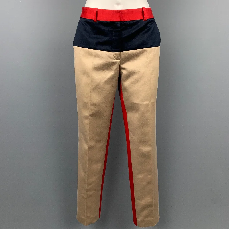 MICHAEL KORS Size 6 Khaki & Red Color Block Cotton Dress Pants Comfortable Wide-Leg Pants