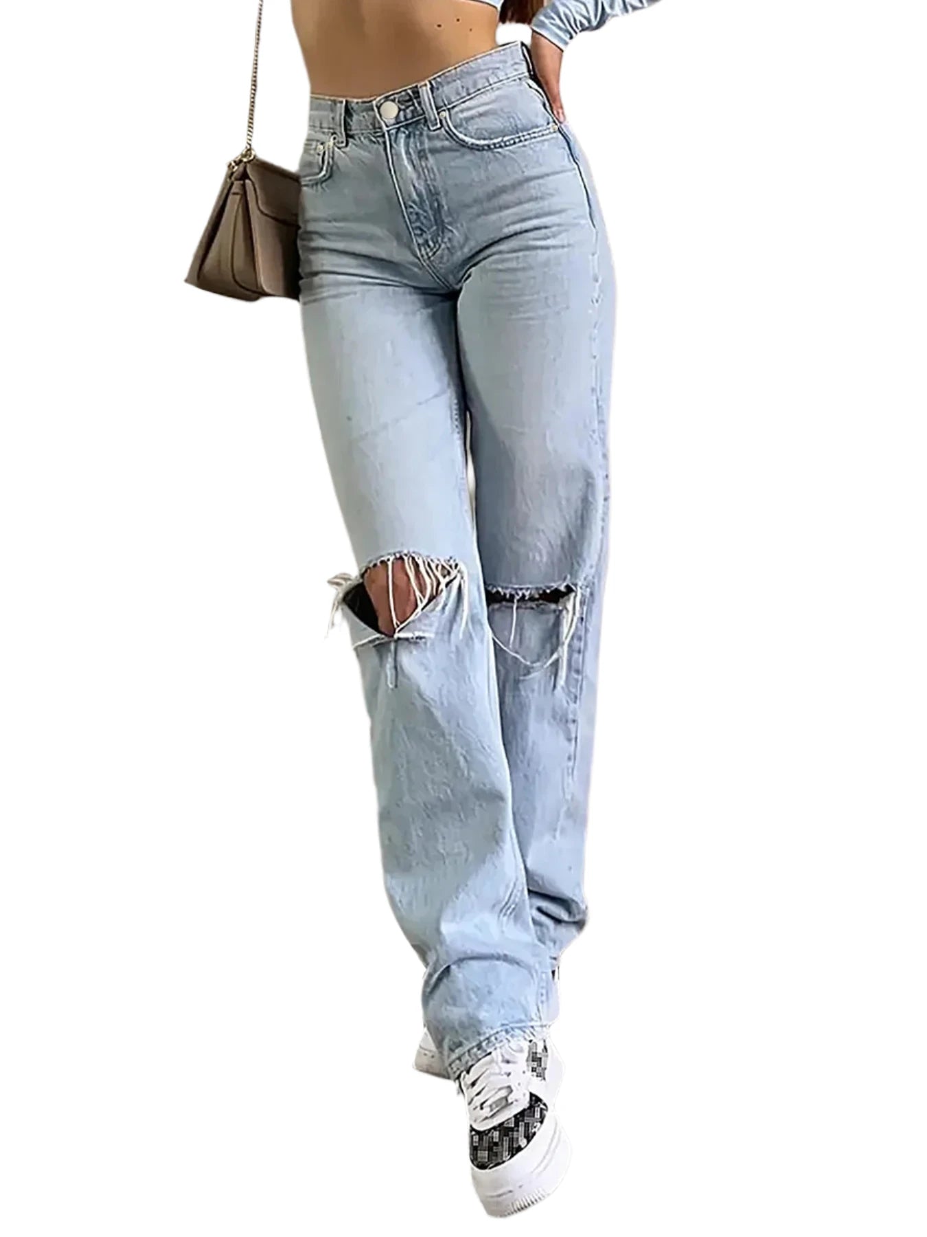 Women's Denim ripped straight pants 2024 hot sale New High waist elastic slim fit all-match women's straight pants Slim Fit Casual Pants