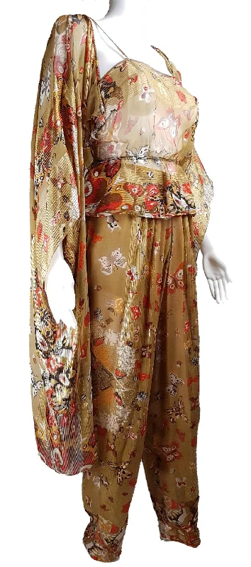 Vintage 1980's | Rare Soo Yung Lee | 3 Piece Gold Silk Butterfly Kaftan & Pant Ensemble Fashionable Button-Up Pants