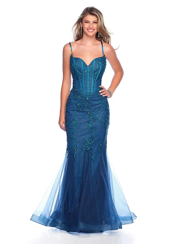 Dave & Johnny 11511 Shimmer Lace Mermaid Corset Prom Dress Formal Fit & Flare Gown Cowl Neckline Elegant