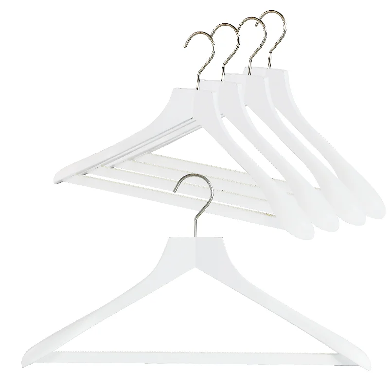 Metropolis Series, Bodyform Wide Shoulder Coat Hanger with Pant Bar, Profi 45/SV/HRS, White, Silver Hook Cozy Full-Length Pants