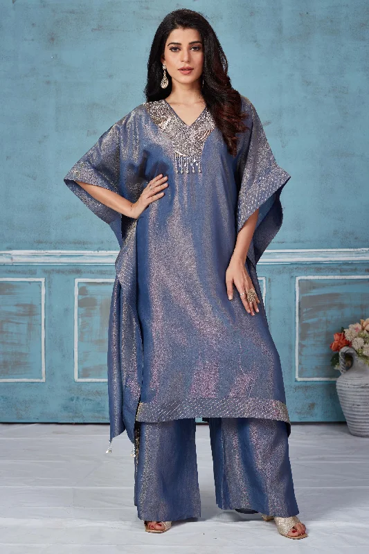 52A162-RO Blue Embroidered Tissue Georgette Kaftan And Pant Set Soft Sweatpants Style