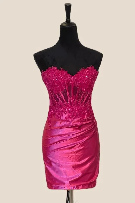 Fuchsia Appliques Tight Ruched Party Dress Tunics Silk luxurious