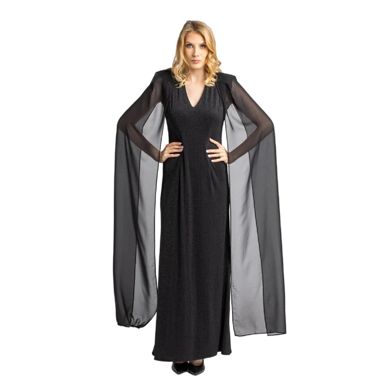 Ewa Stepaniuk Qadriyyah Dress, Brocade fabric, V-neck long dress with shiffon sleeves Tunics Formal black
