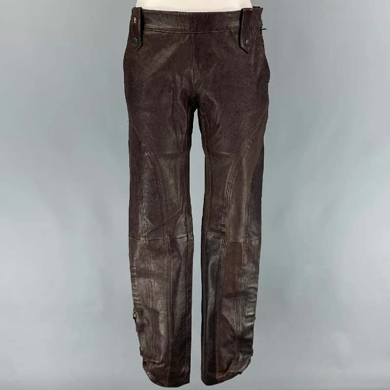 HENRY BEGUELIN Size 6 Brown Leather Contrast Stitch Dress Pants Trendy Work Pants