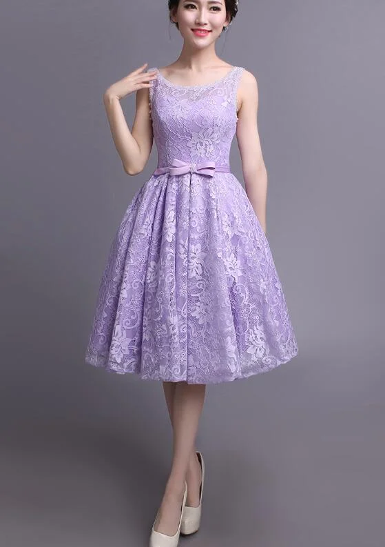 Beautiful Light Purple Lace Knee Length Wedding Party Dress, Round Neckline Short Prom Dress c3171 Tunics Yoga stretchy