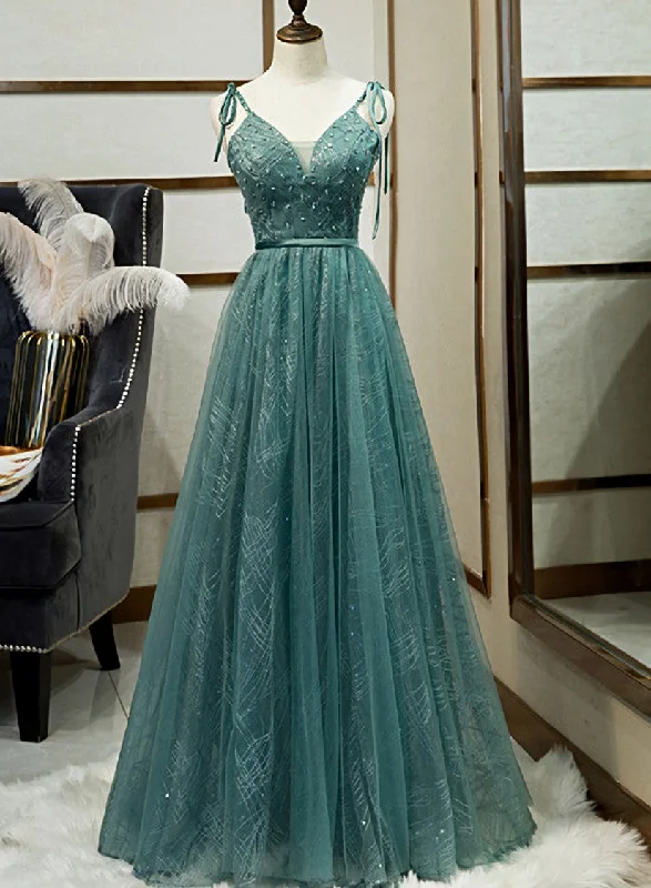 Green Straps V-neckline Floor Length Party Dress, Simple Junior Prom Dresses Crew Neckline Sporty