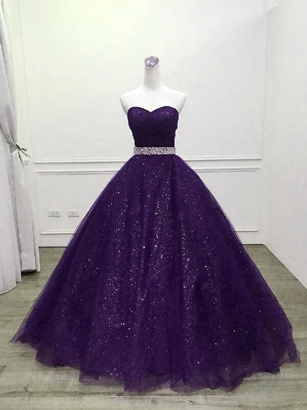 Shiny Purple Tulle Beaded Ball Gonw Party Dress, Purple Prom Dresses Off-the-shoulder Chic Trendy