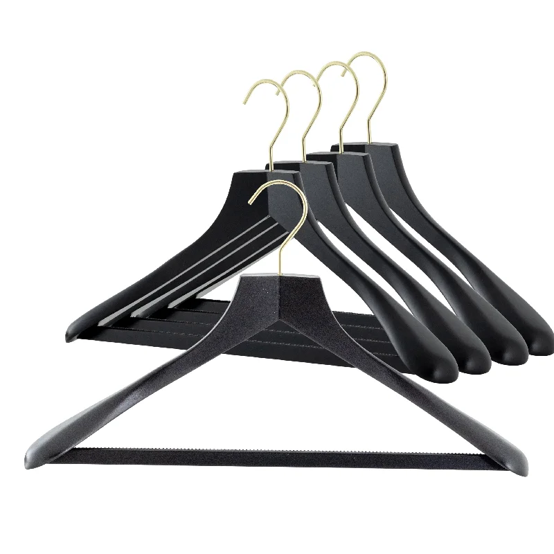 Metropolis Series, Bodyform Wide Shoulder Coat Hanger with Pant Bar, Profi 45/SV/HRS, Black, Gold Hook Warm Wool Trousers