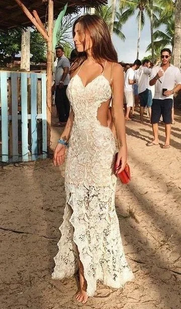 Modest White Lace Mermaid Prom Dresses, Simple Spaghetti Straps Party Dresses With Slit C1662 A-Line Day Work