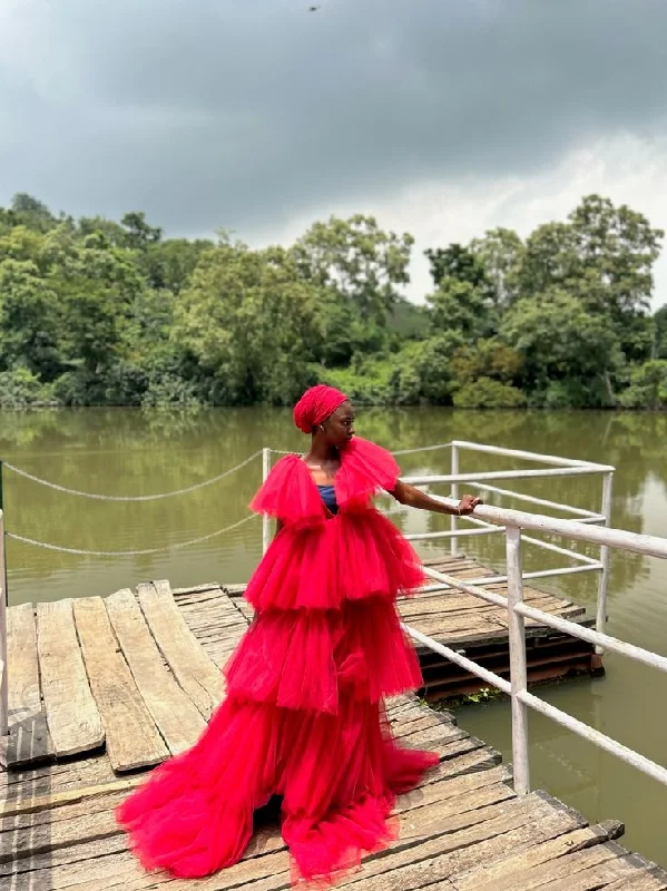 Red V Neck TulleTiered Tutu Dress Party Dress African Prom Quinceanera Dress,DP460 Tunics Travel practical