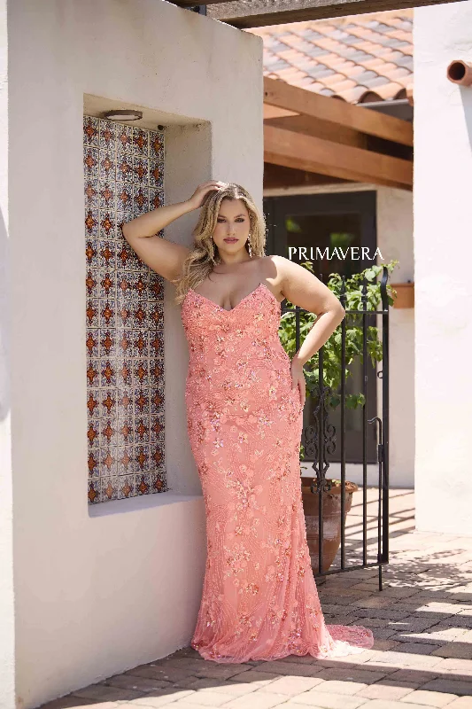 Primavera Couture 14080 Size 24 Coral Fitted Sequin Plus Size Prom Dress V Neck Formal Gown Strapless Tunics Essential wardrobe