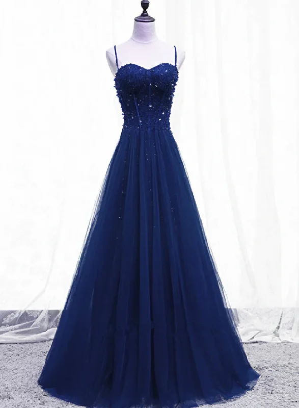 Blue Beaded Straps A-line Tulle New Prom Dress Party Dress, Blue Floor Length Party Dress Boatneck Modish Everyday
