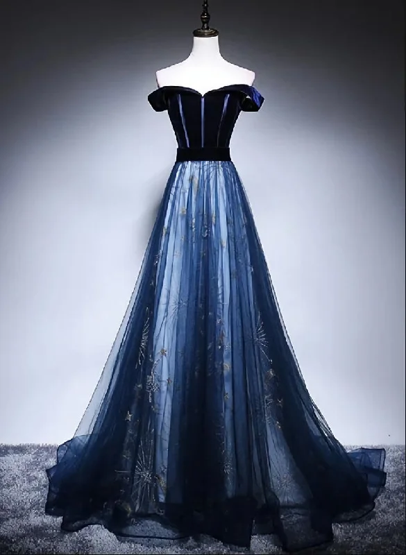 Navy Blue Off Shoulder Long Party Dress, Long Prom Dress Tunics Chinos classic