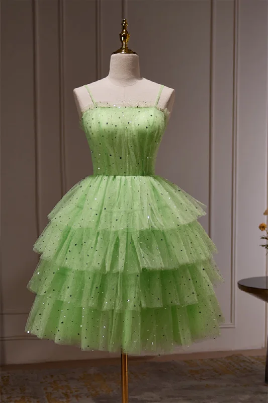 Green Stars Tulle Ruffle A-line Short Party Dress Boatneck Modish Everyday