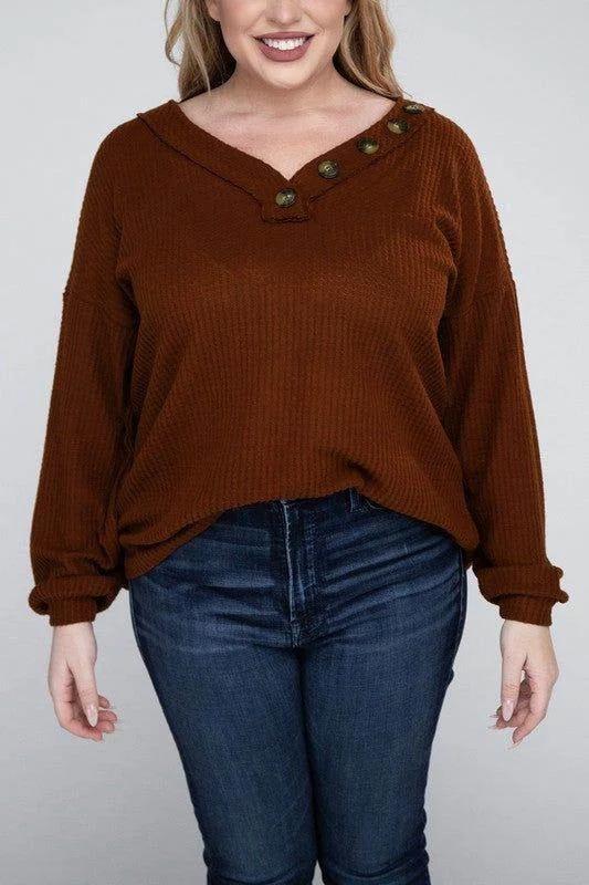 Zenana Plus Brushed Waffle V-Neck Button Detail Sweater Zippered Buttoned Snapped
