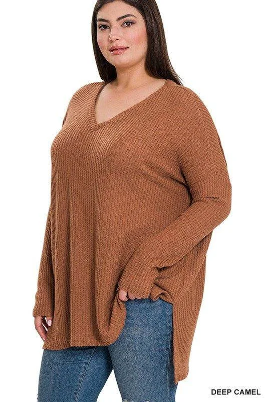 ZENANA The Plus Brushed Thermal Waffle V-Neck Sweater Nylon Fabric Polyester Fabric Spandex Fabric