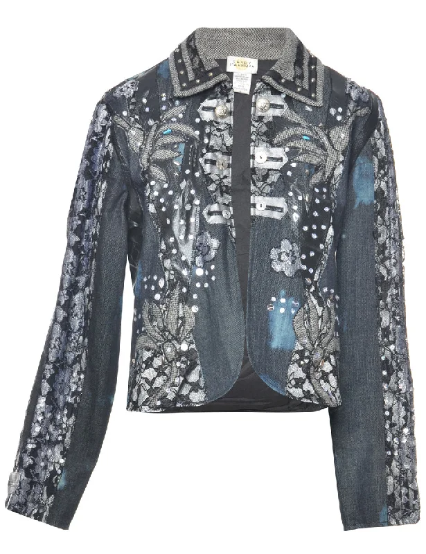 Sequined Black, Blue & Grey Jacket - L Rayon Jacket Velvet Jacket Corduroy Jacket