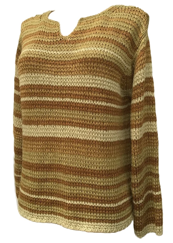 Vintage 80s Beige Striped Ribbon Knit Sweater Print Jacquard Patchwork