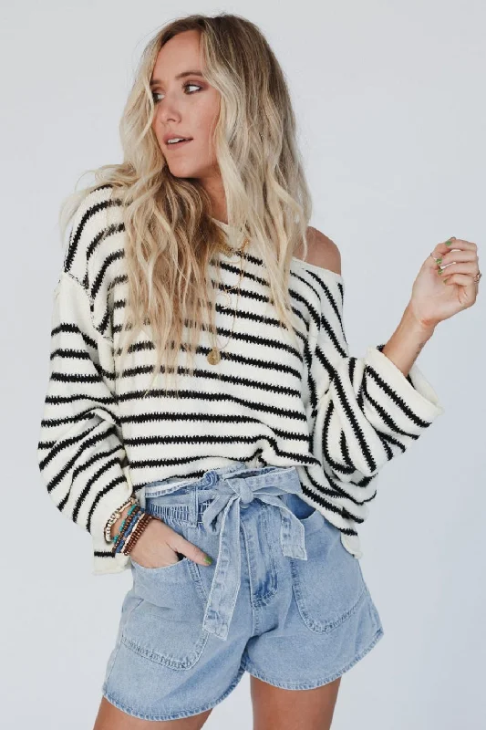 All My Stripes Oversized Sweater - Cream Black Elasticated Padded Insulated
