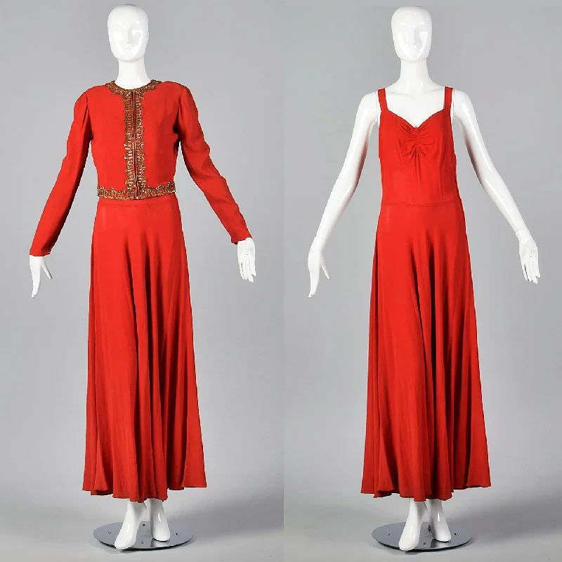 1940s Red Crepe Evening Dress & Matching Jacket with Sequin Trim Mesh Jacket Canvas Jacket Denim Jacket