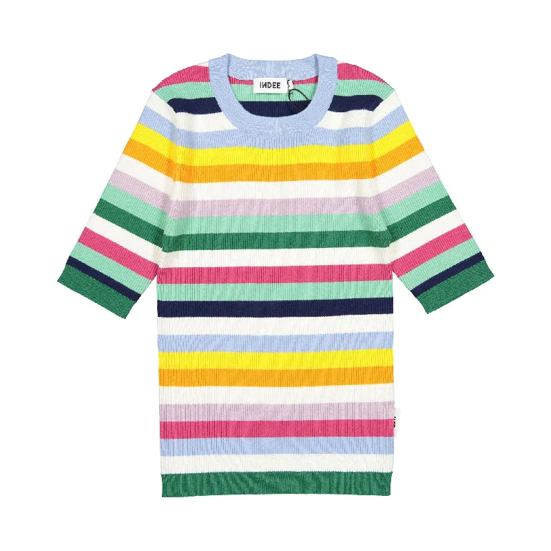 Indee Sky Blue Multi Striped Light Weight Sweater Polka Dot Checkered Tartan