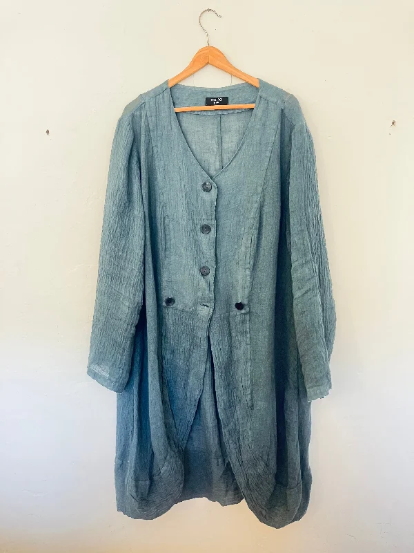 Tomo Koizmi Linen Jacket Dress in Prussian Blue Denim Jacket Leather Jacket Suede Jacket